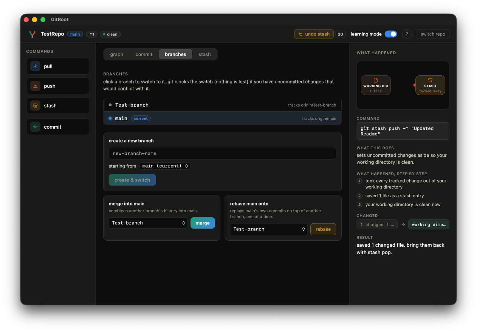 the branches tab: switch, create, merge, and rebase all in one place